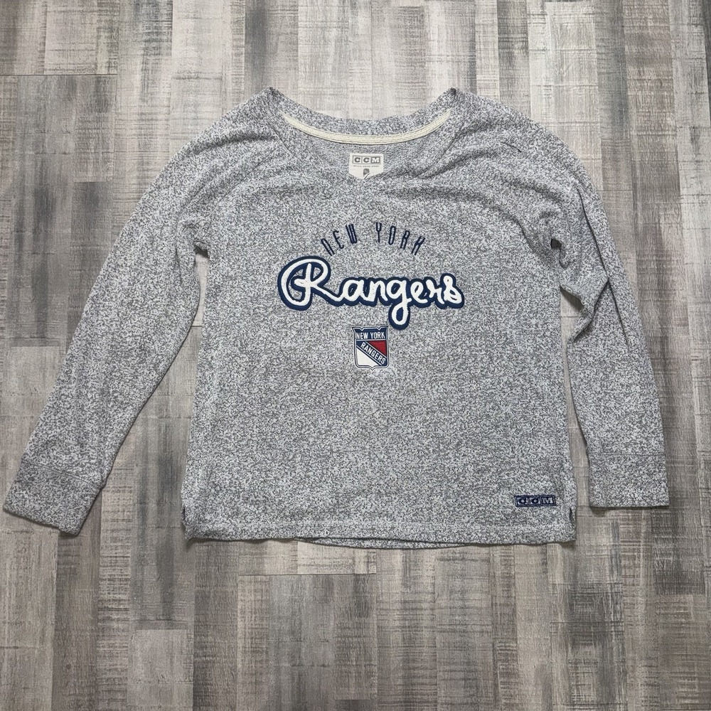 CCM New York Rangers Women Grey V-Neck Sweater Embroidered Logo XL